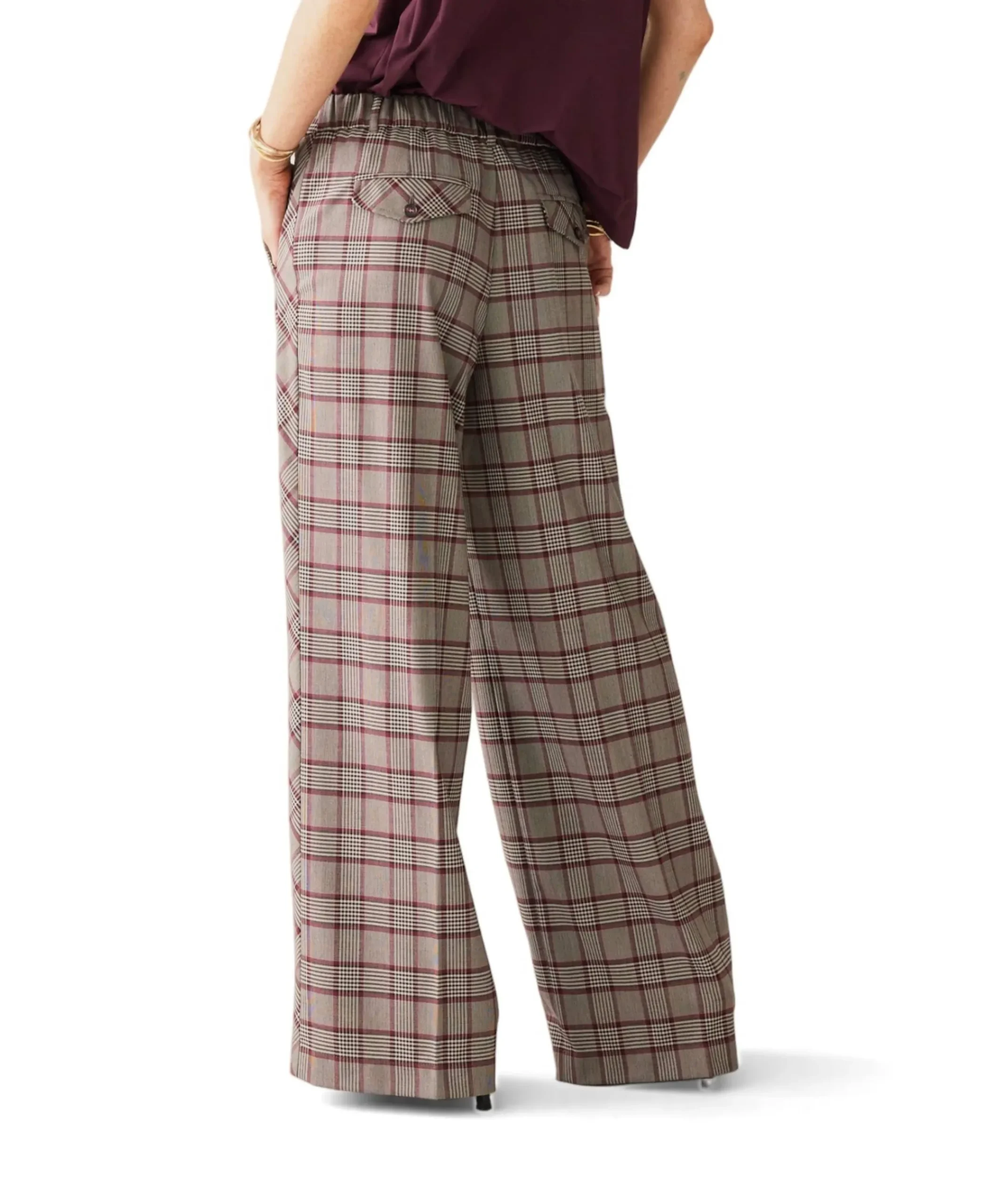 Check burgundy dames broek grijs