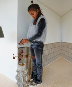 Femke girls velvet glitter flared meisjes broek blauw