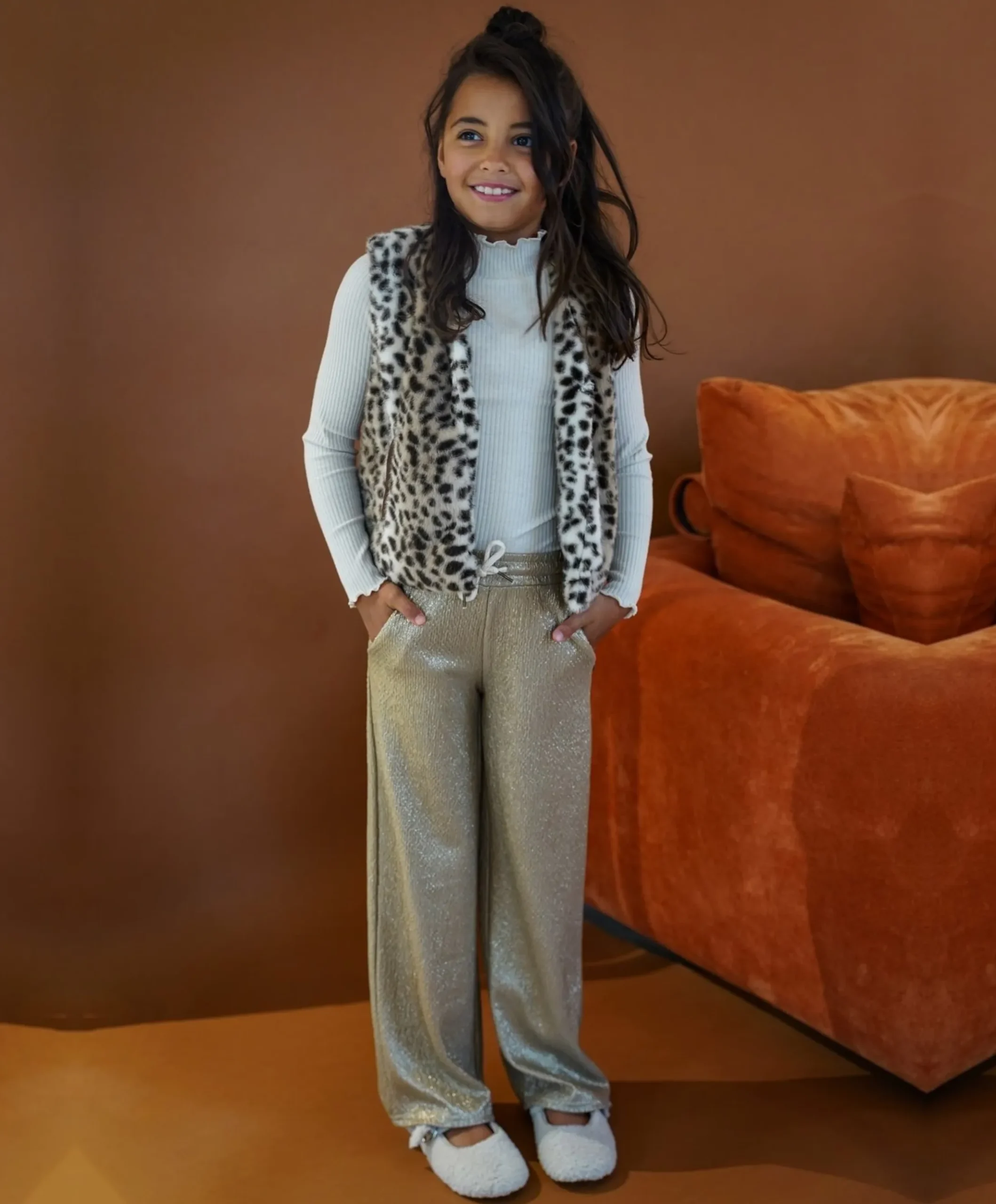 Fenya metallic straight leg meisjes broek goud