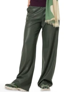 vegan leather-effen-ceintuur dames broek groen