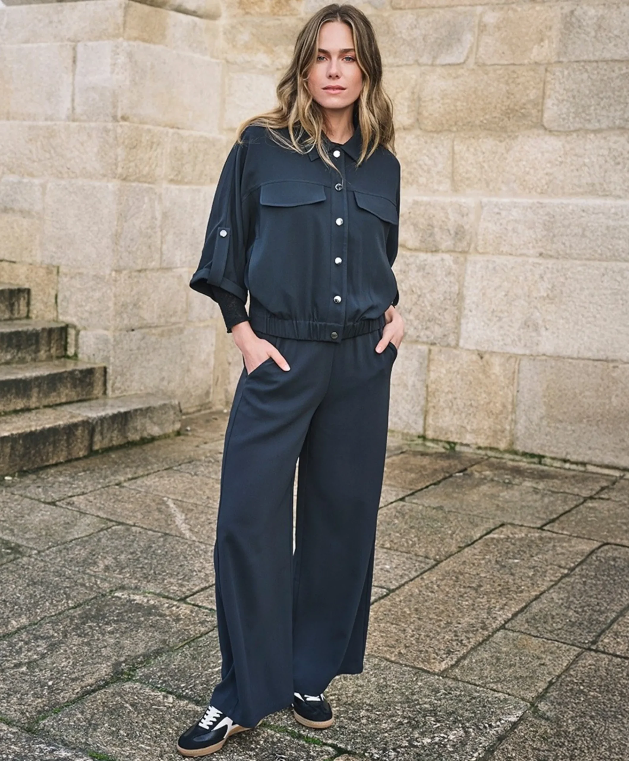 Wide acetate dames broek grijs